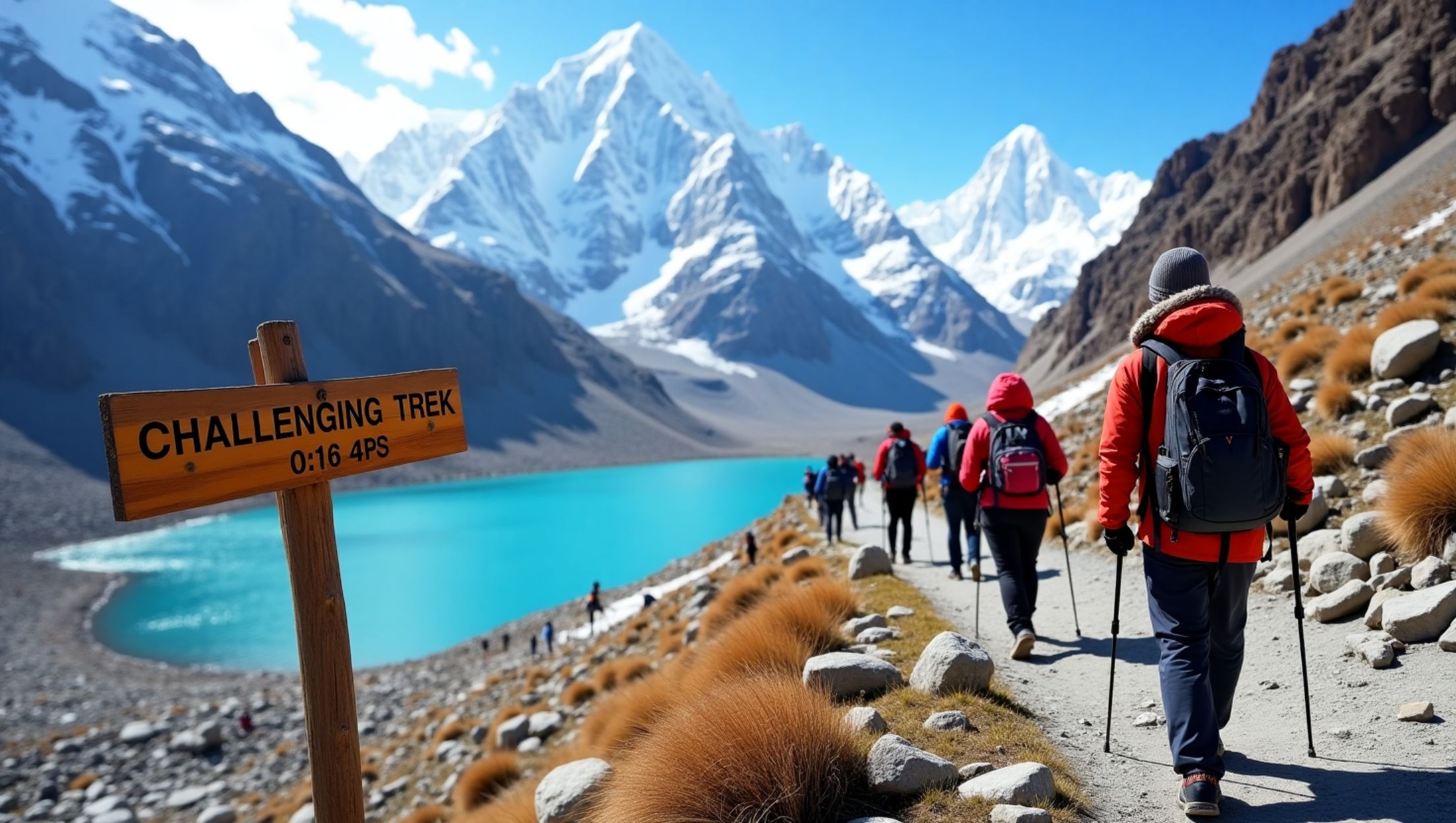 Trekkers navigating challenging terrain en route to Gokyo Lake, showcasing the trek&#039;s moderate to difficult difficulty level